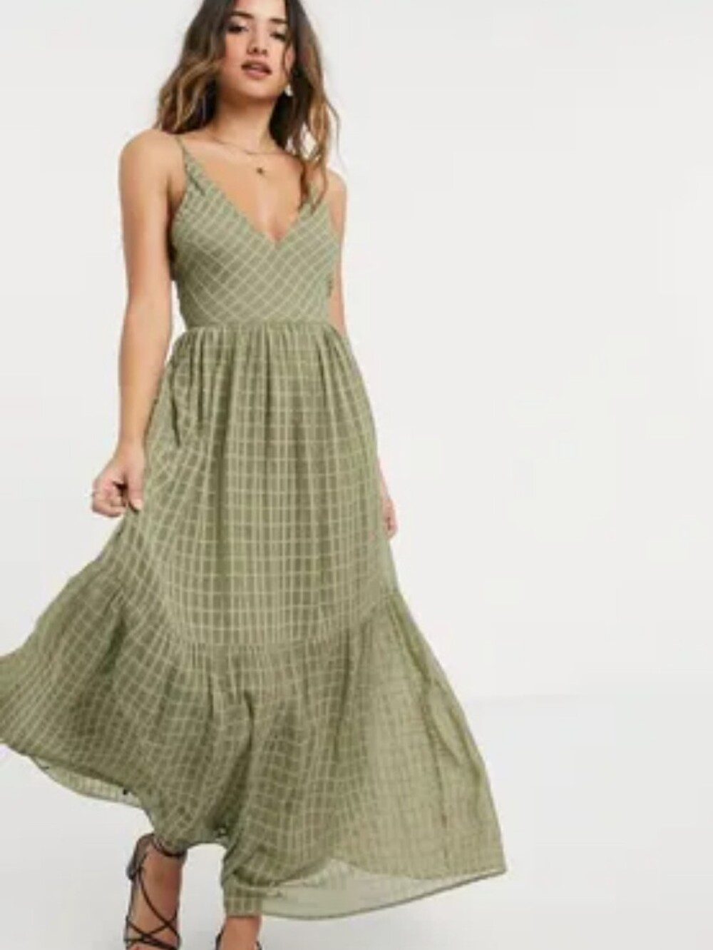 Women's Olive Green Check Maxi Dress - , V-Neck Strappy Sundress